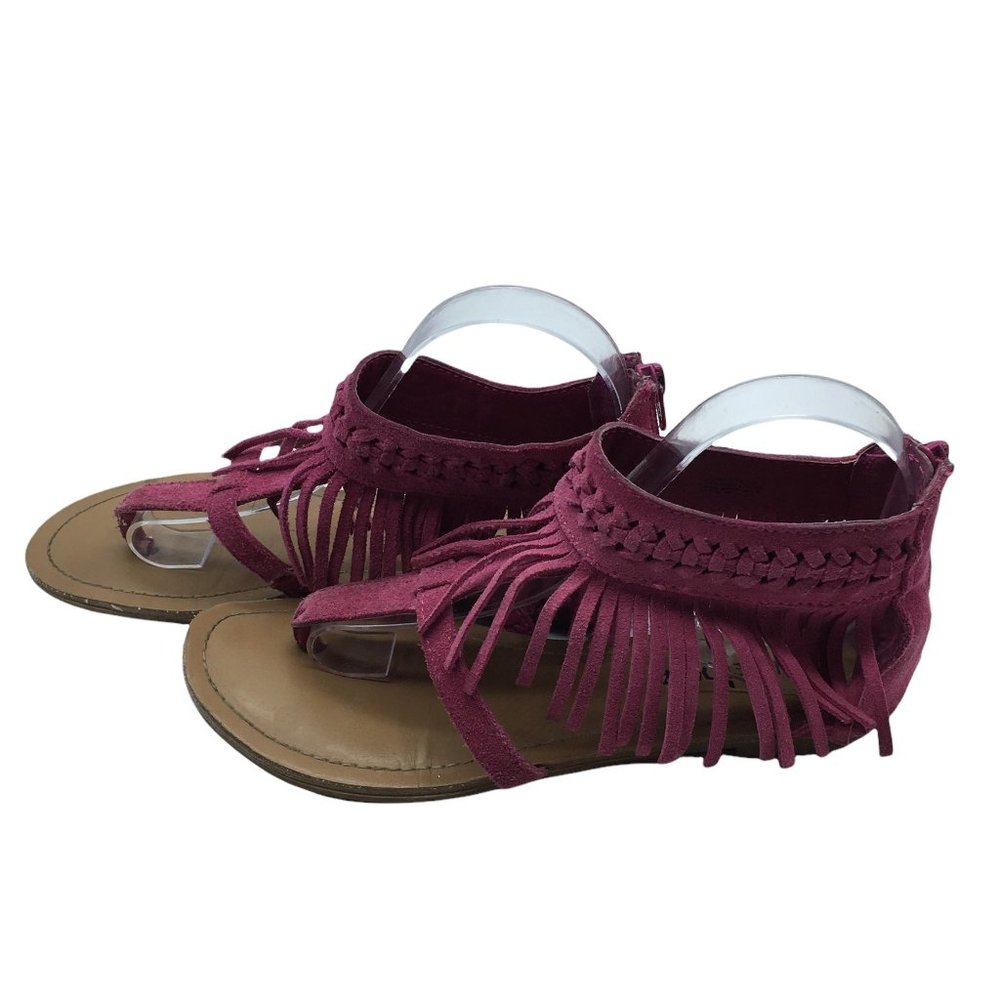 Minnetonka Sandals Boho Fringe Women Size 7 Suede Leather Pink Fuchsia Ankle Zip